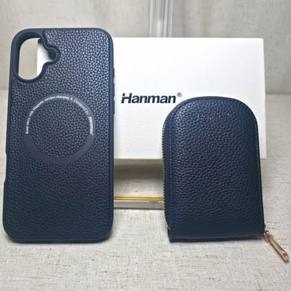 Hanman Black Pebbled Magnetic Wireless Charging Phone Case w/ Zipper Wallet